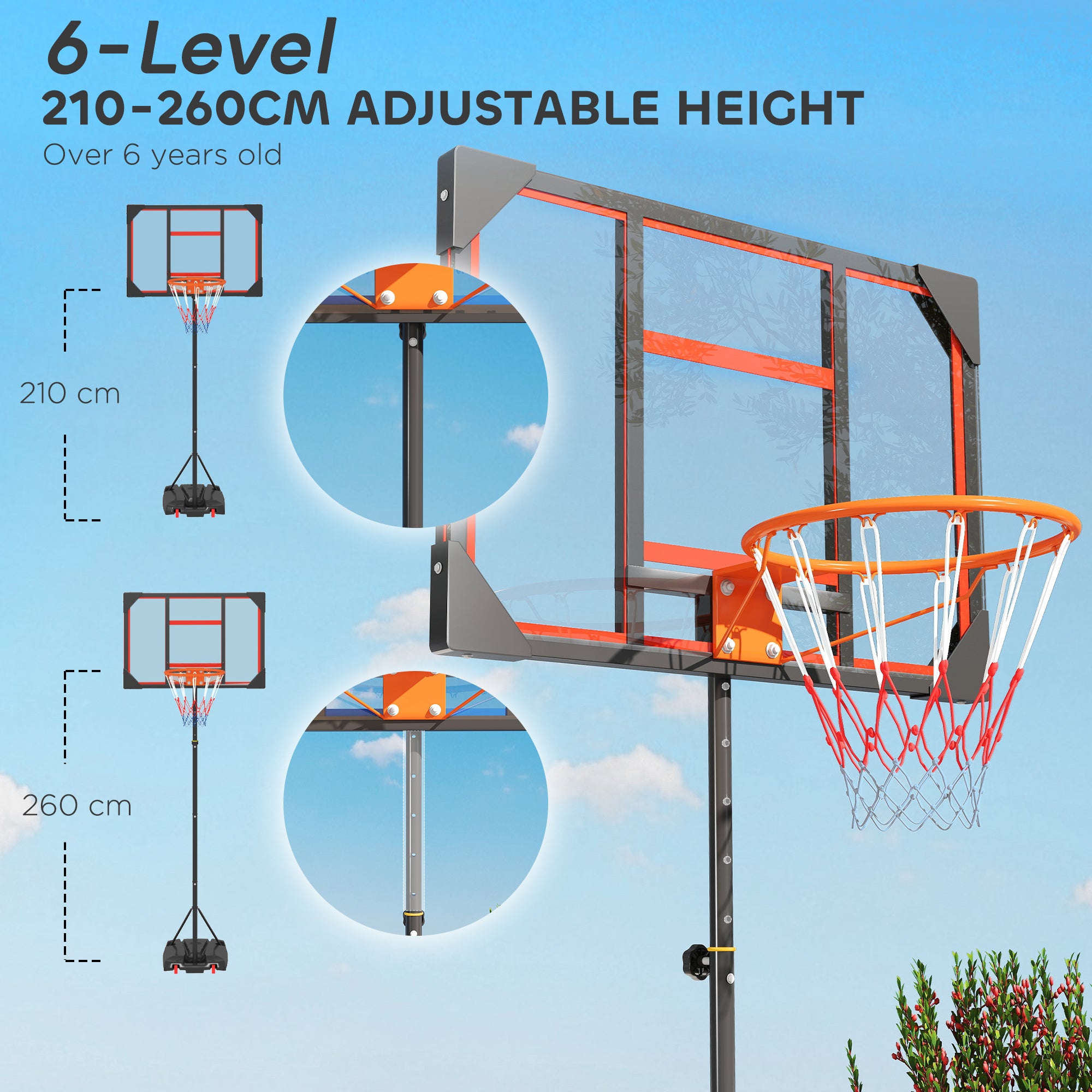 AIYAPLAY Basketball Hoop Outdoor Indoor, 210-260cm Height Adjustable Basketball Hoop with Wheels, Larger Base, for 6+ Years, Red 