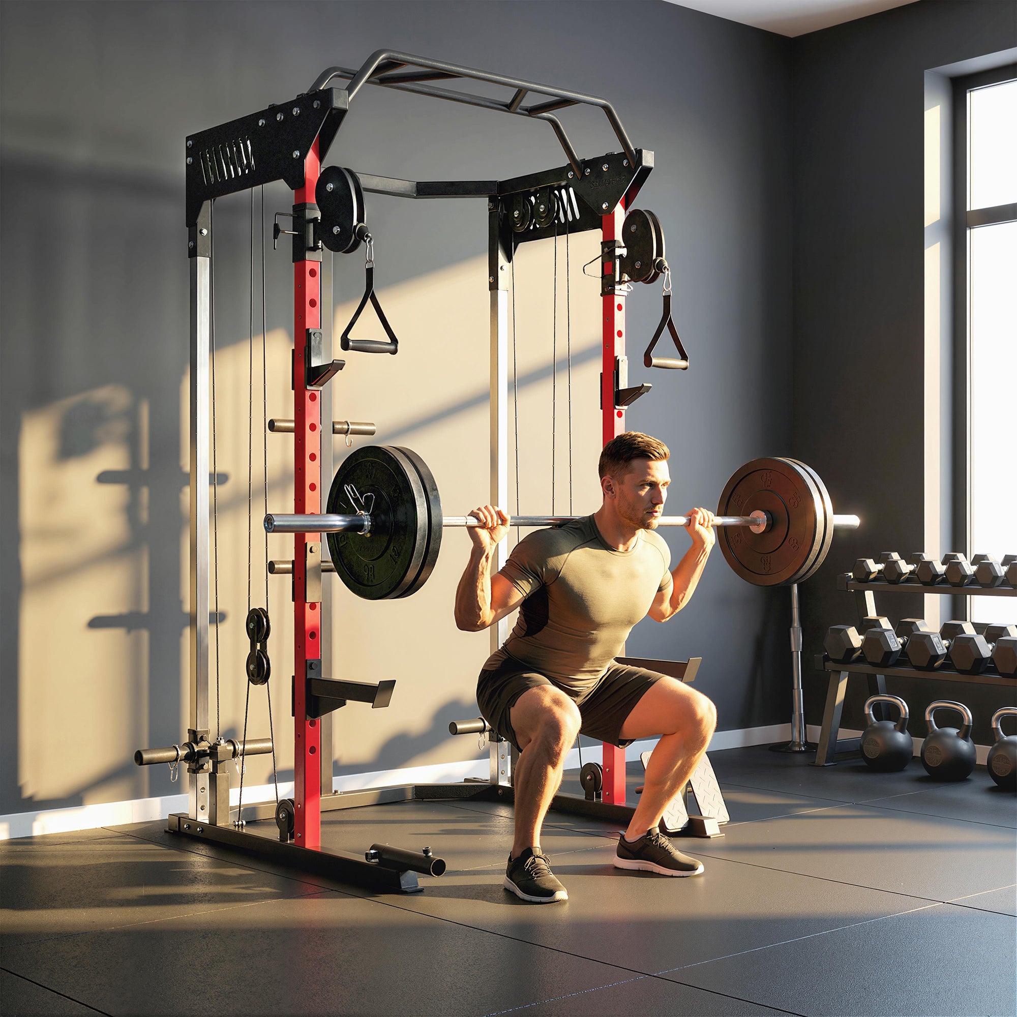 SPORTNOW Power Cage, Power Rack with Adjustable Cable Pulley System, Pull-Up Bar, Dip Station, Landmine 