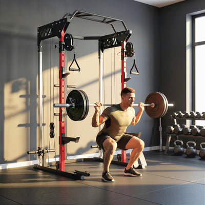 SPORTNOW Power Cage, Power Rack with Adjustable Cable Pulley System, Pull-Up Bar, Dip Station, Landmine 