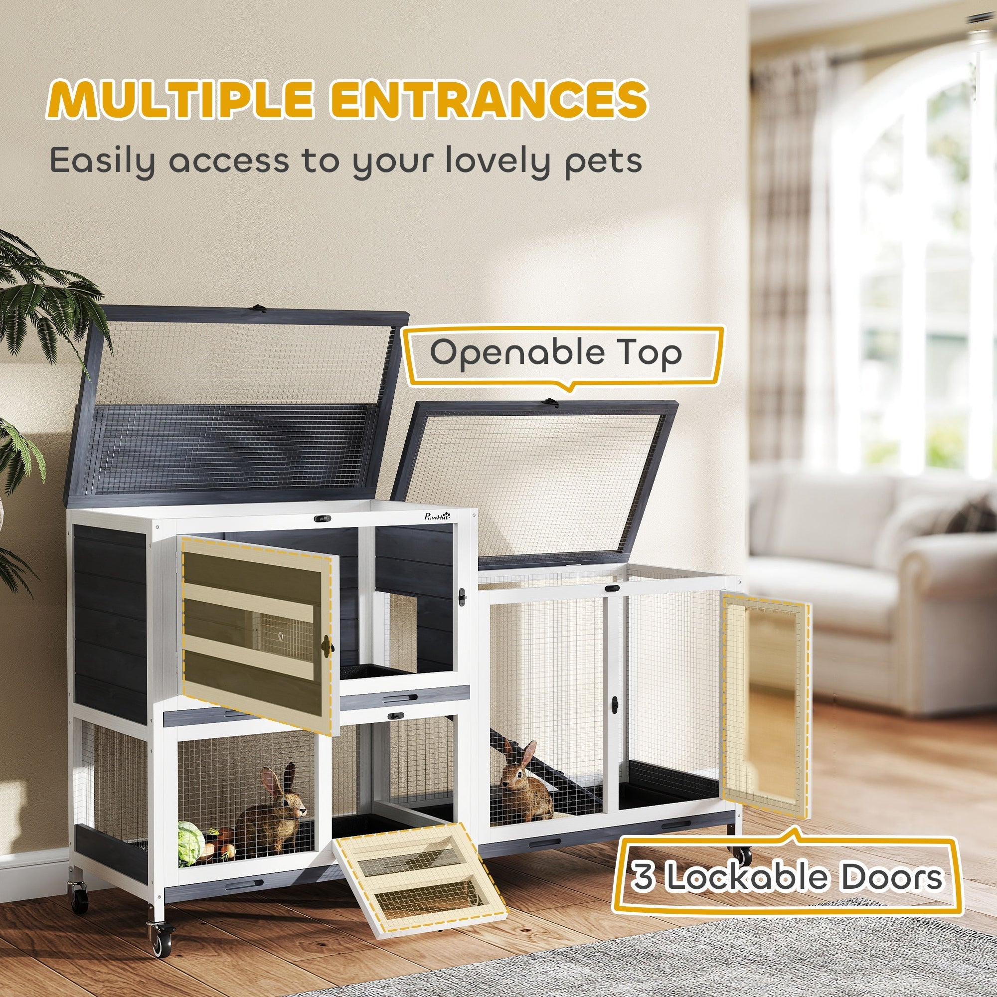 PawHut Wooden Rabbit Hutch with Run, 2-Tier Guinea Pig Hutch with Run, Wheels, 3 Plastic Trays, 2 Openable Top, for 2-3 Rabbits 