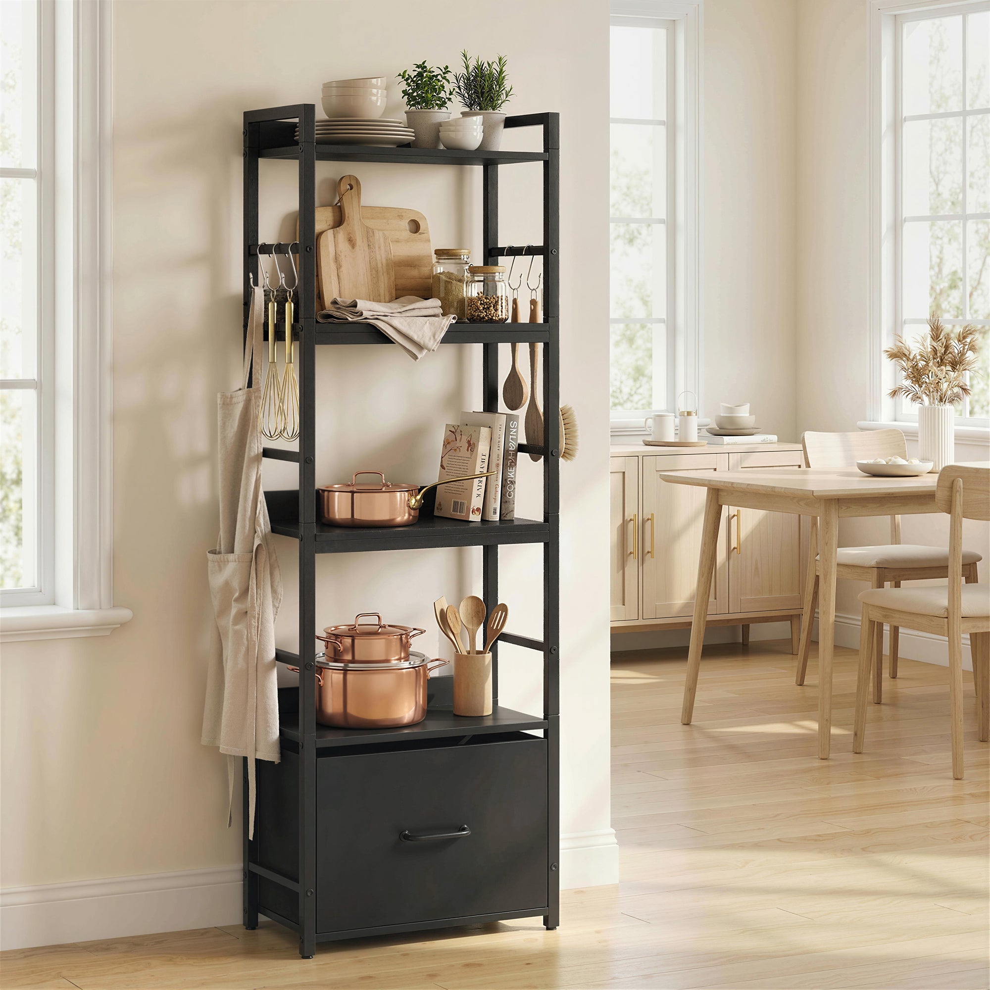 HOMCOM 4-Tier Bookshelf, Narrow Bookcase with Drawer, 8 Hooks, Metal Frame, Black 
