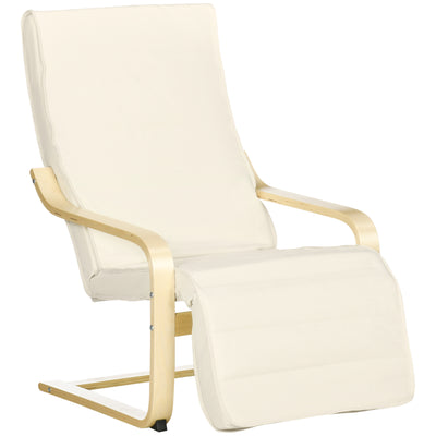 HOMCOM Wooden Lounging Chair Deck Relaxing Recliner Lounge Seat with Adjustable Footrest & Removable Cushion, Cream White 