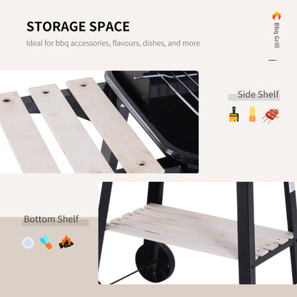 Outsunny Trolley Charcoal BBQ Barbecue Grill Outdoor Patio Garden Heating Smoker with Side Trays Storage Shelf and Wheels 