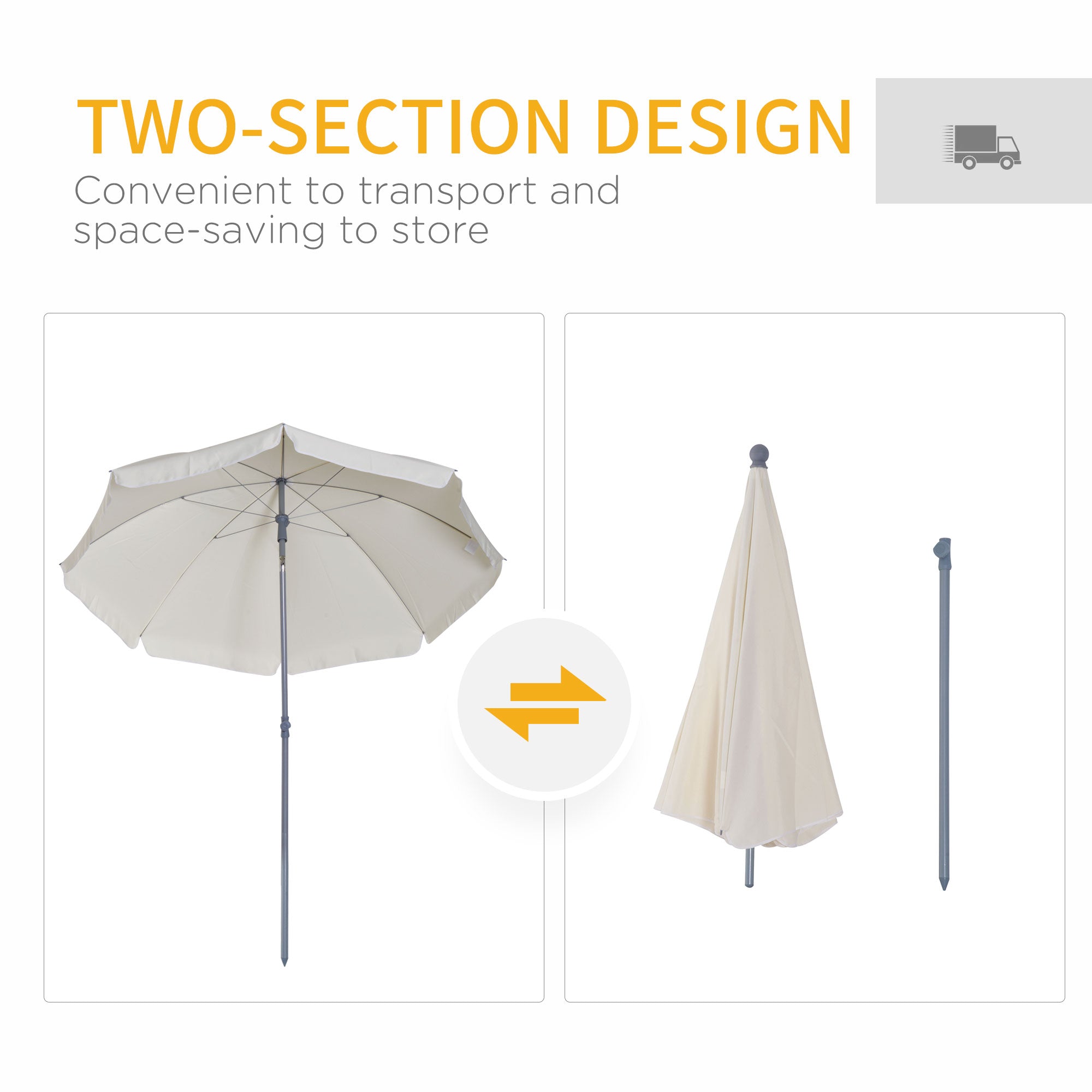 Outsunny 2.2m Beach Umbrella, Portable Parasol with Tilting Function, Outdoor Sunshade Shelter with 8 Ribs, Cream White 