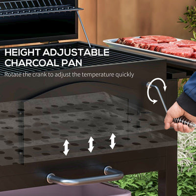 Outsunny Charcoal Barbecue Grill Trolley Garden Smoker with Shelves, Adjustable Height, Thermometer on Lid, Opener and Wheels 