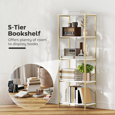 HOMCOM 5-Tier Bookshelf, Modern Bookcase with Metal Frame - White and Gold Tone 