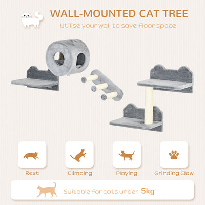 PawHut 4PCs Wall-Mounted Cat Tree, with Steps, Perch, Cat House - Grey 