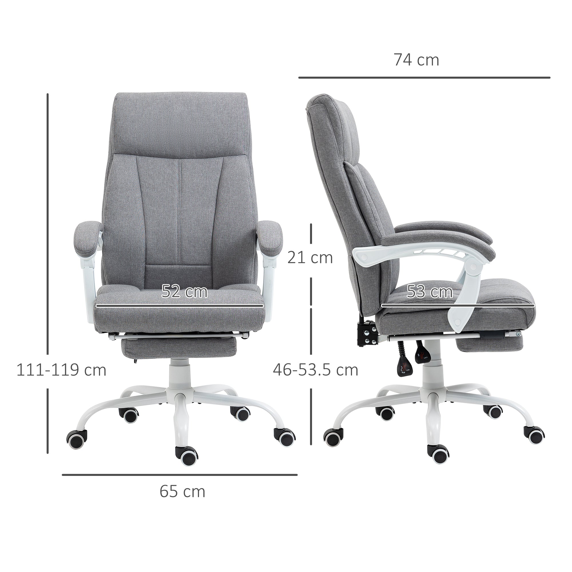 Vinsetto Office Chair, Ergonomic Desk Chair, Fabric Work Study Chair with 155\'c2\'b0 Reclining Back and Footrest, Adjustable Height and Swivel Wheels, Grey