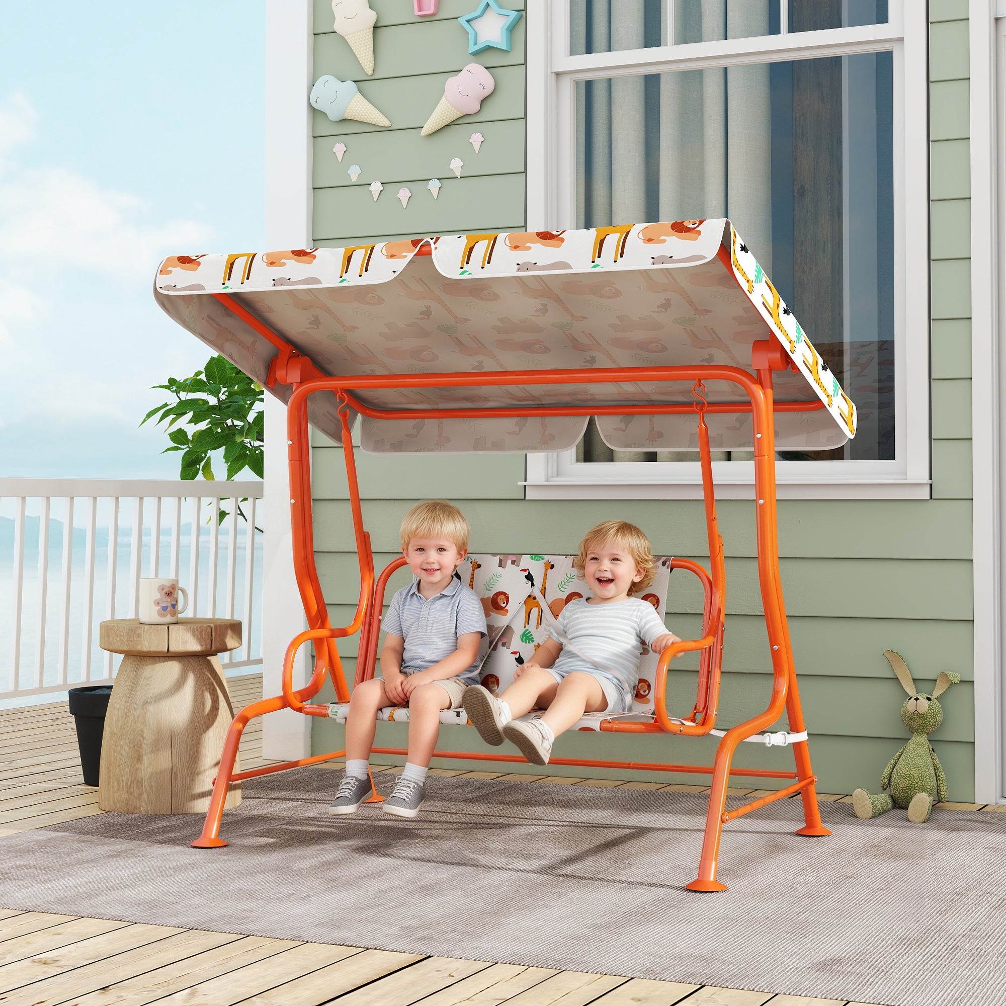 AIYAPLAY Kids Porch Swing, 2-Seater Patio Swing Bench Hammock with Seat Belts, Adjustable Canopy for Garden, Orange 