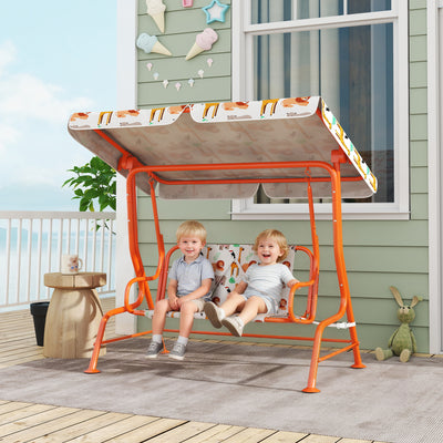 AIYAPLAY Kids Porch Swing, 2-Seater Patio Swing Bench Hammock with Seat Belts, Adjustable Canopy for Garden, Orange 