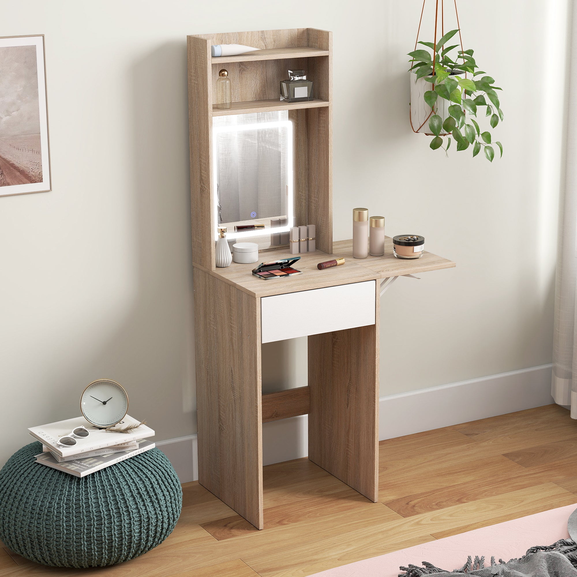 HOMCOM Small Vanity Desk with Mirror and LED Lights, Compact Dressing Table with Drop Leaf, Open Shelves, Natural Wood 