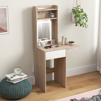HOMCOM Small Vanity Desk with Mirror and LED Lights, Compact Dressing Table with Drop Leaf, Open Shelves, Natural Wood 