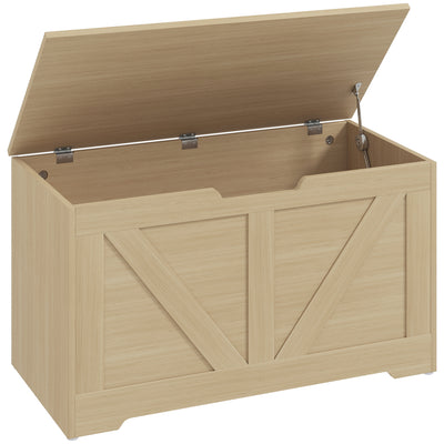 HOMCOM 100L Home Storage Box, with Safety Hinges - Natural Wood Finish 