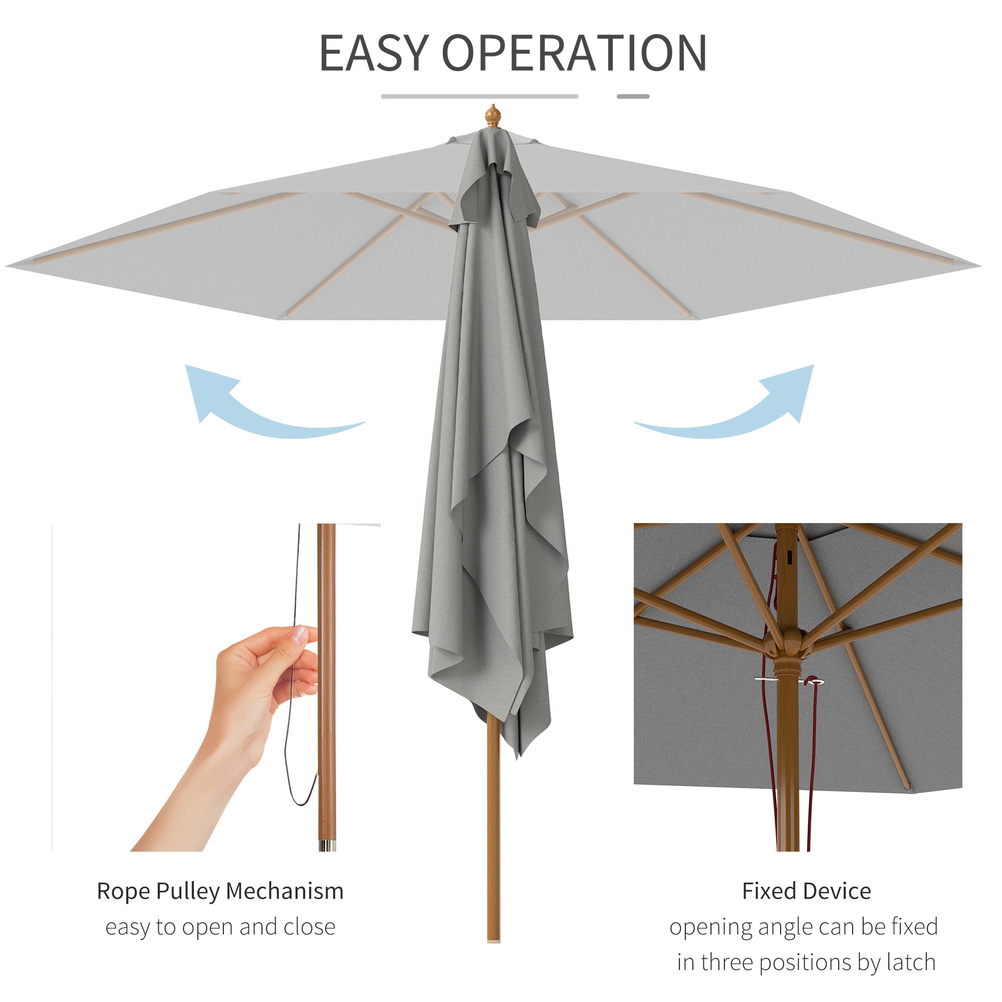 Outsunny 2.5m Wood Garden Parasol Sun Shade Patio Outdoor Wooden Umbrella Canopy Light Grey 