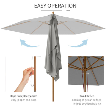 Outsunny 2.5m Wood Garden Parasol Sun Shade Patio Outdoor Wooden Umbrella Canopy Light Grey 