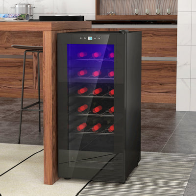 HOMCOM 50L Wine Cooler, 18 Bottles Freestanding Wine Fridge with Glass Door, LED Light, Temperature Control and Digital Touch Screen, Black 