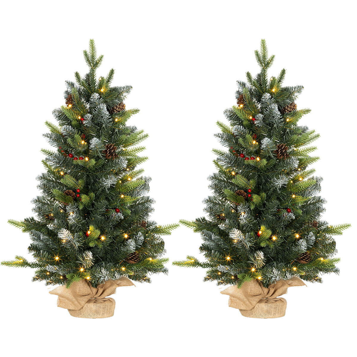 HOMCOM Set of Two 3ft Christmas Trees, with Lights, Berries and Pinecones 