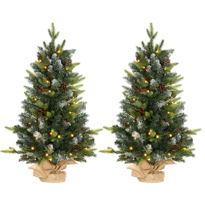 HOMCOM Set of Two 3ft Christmas Trees, with Lights, Berries and Pinecones 