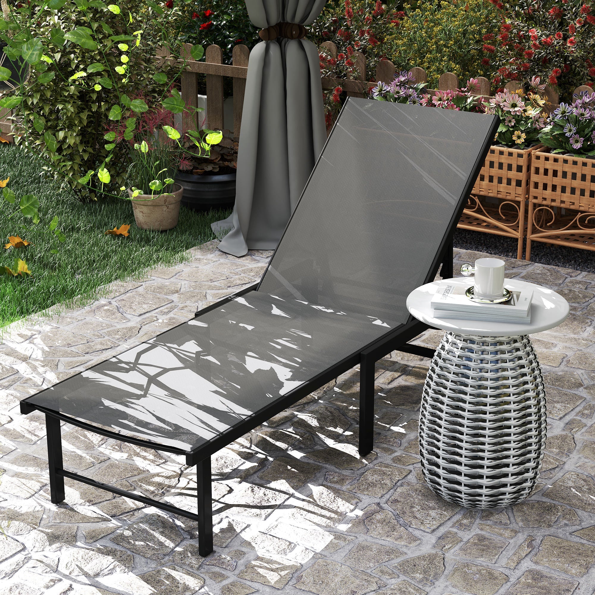 Outsunny Sun Lounger for Garden, 5-Level Adjustable Reclining Sun Lounger Chair, Flat Garden Lounger Sunbed with Texteline Seat, Steel Frame for Patio, Beach, Grey 