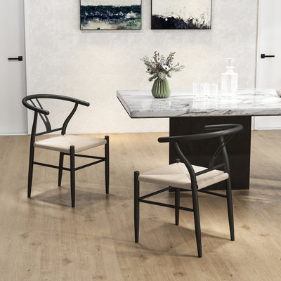 HOMCOM Set of Two Weave Dining Chairs with Y-Shaped Backrest Hemp Seat - Black/Beige 