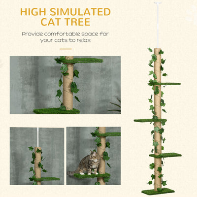 PawHut 242cm Adjustable Floor-To-Ceiling Cat Tree, with Artificial Decoration, Perches, Anti-Slip Kit - Green 