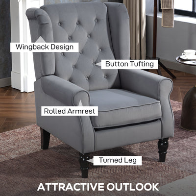 HOMCOM Wingback Accent Chair, Retro Upholstered Button Tufted Occasional Chair for Living Room and Bedroom, Light Grey 