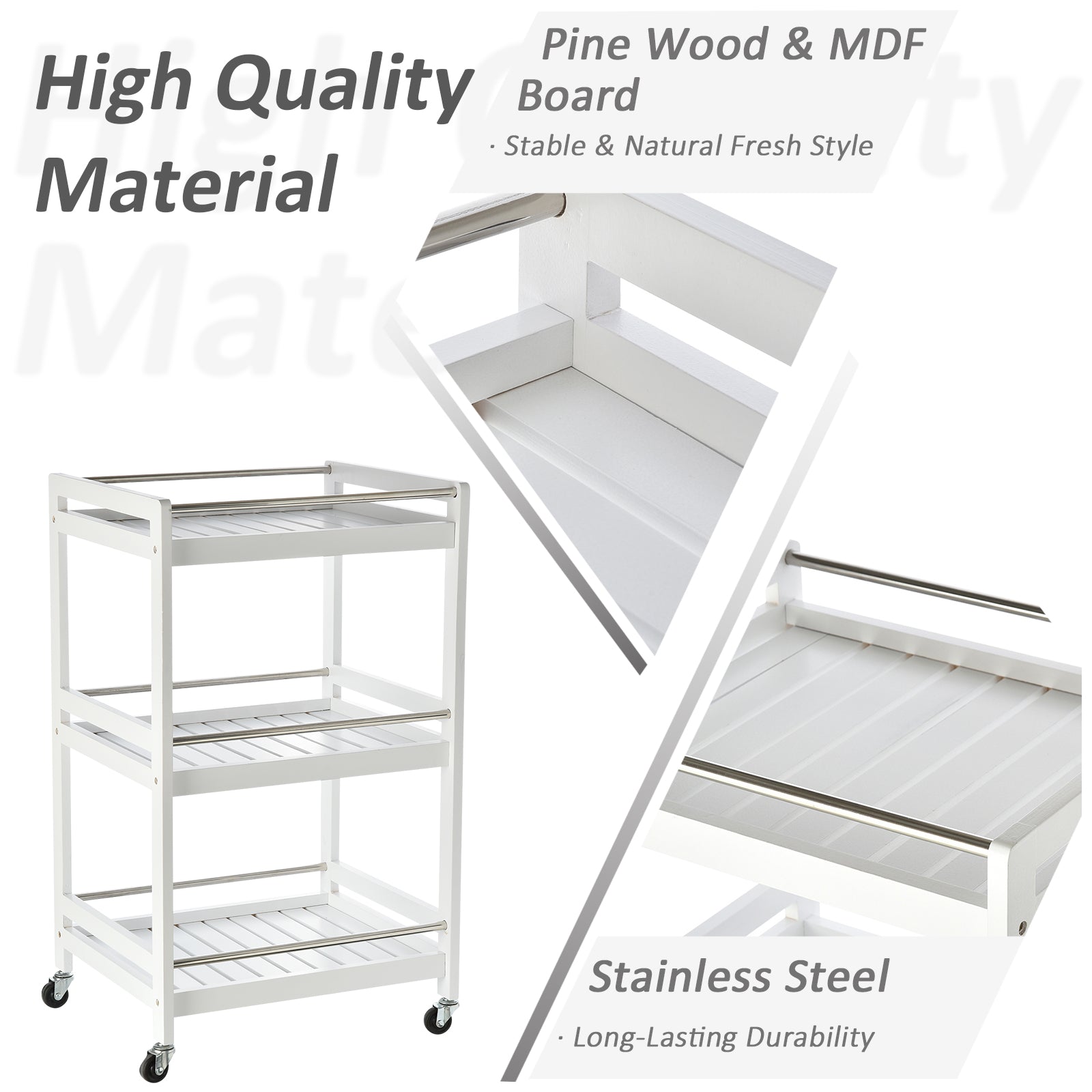 HOMCOM 3-Tier Home Trolley Kitchen Storage Cart w/ Steel Bars 4 Universal Wheels Rolling Unit Organiser Living Room White 
