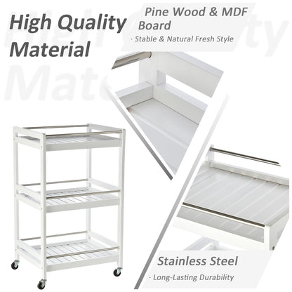 HOMCOM 3-Tier Home Trolley Kitchen Storage Cart w/ Steel Bars 4 Universal Wheels Rolling Unit Organiser Living Room White 