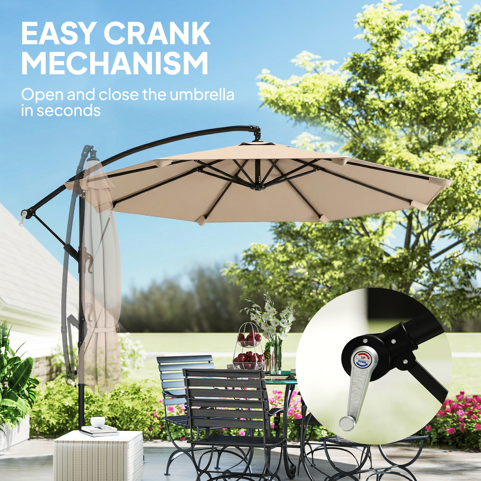 Outsunny 3 m Cantilever Parasol with Protective Cover and Wind Ropes, Banana Parasol with Crank Handle, Khaki 