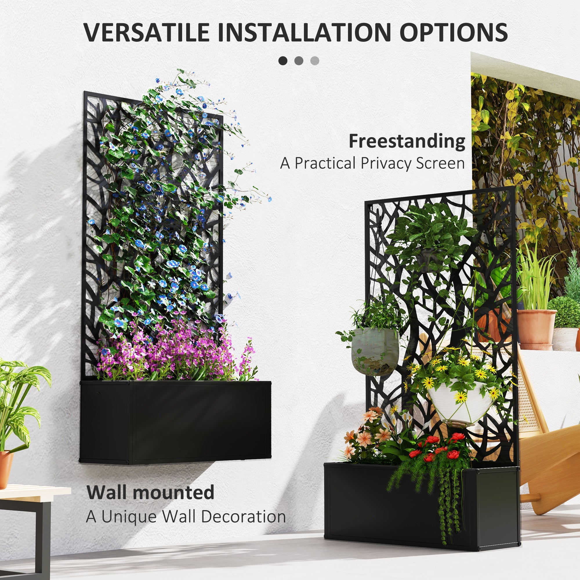 Outsunny Outdoor Metal Planter, with Back Trellis - Black 