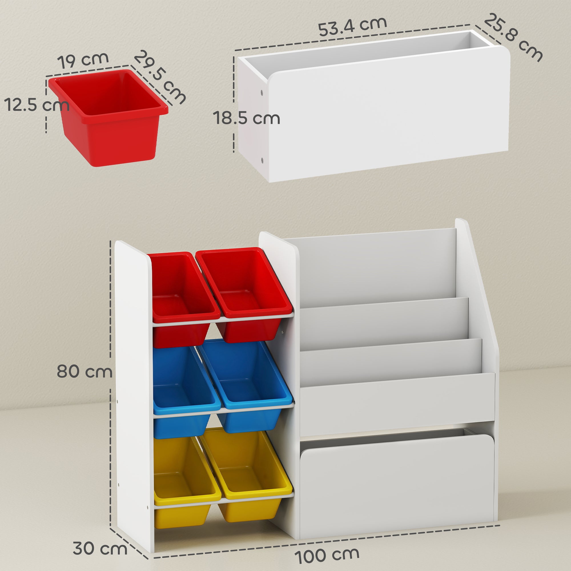 AIYAPLAY Toy Storage Unit, 3-Tier Toy Organiser Shelf with 6 Removable Storage Bins for Bedroom, Nursery, Multicoloured 