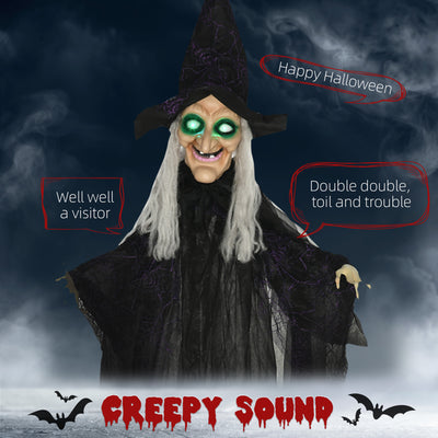 HOMCOM 6ft Outdoor Halloween Decoration Witch, Hanging Witch Prop Life Size with Sound and Motion Activated, Light Up Eyes, Talking Sound, Posable Arms 