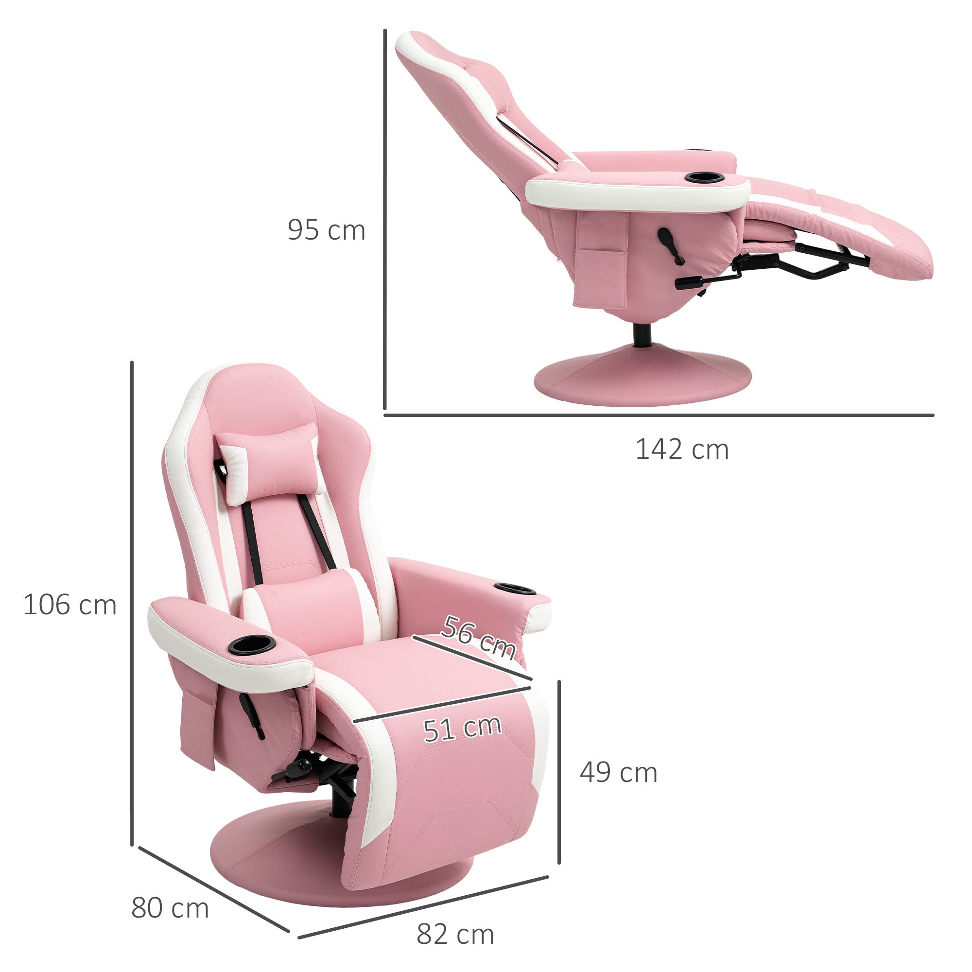 HOMCOM Manual Recliner Armchair PU Leather Lounge Chair w Adjustable Leg Rest, 135\'c2\'b0 Reclining Function, 360\'c2\'b0 Swivel, Pink