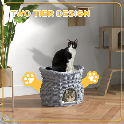 PawHut 2-Tier Wicker Cat House Elevated Pet Bed Basket Willow Kitten Tower Pet Den. with Washable Cushions 56x37x40cm Grey 