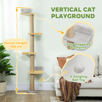PawHut Wall Mounted Cat Shelves, Cat Climbing Wall with 4 Climbing Platforms, Jute Scratching Post and Toy Ball,180cm Tall, Light Grey 