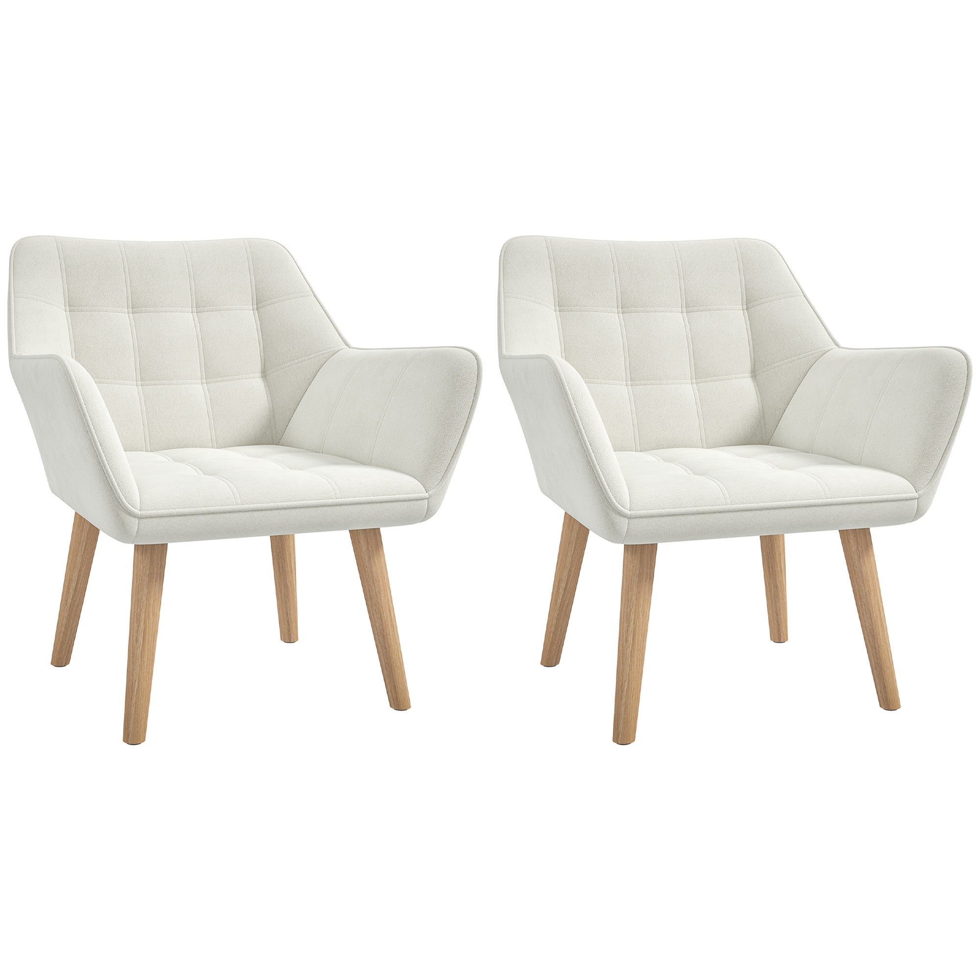 Set of 2 Accent Chair, Arm Chair with Slanted Back, Thick Padding and Rubber Wooden Legs for Living Room, Cream White
