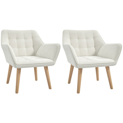 Set of 2 Accent Chair, Arm Chair with Slanted Back, Thick Padding and Rubber Wooden Legs for Living Room, Cream White 