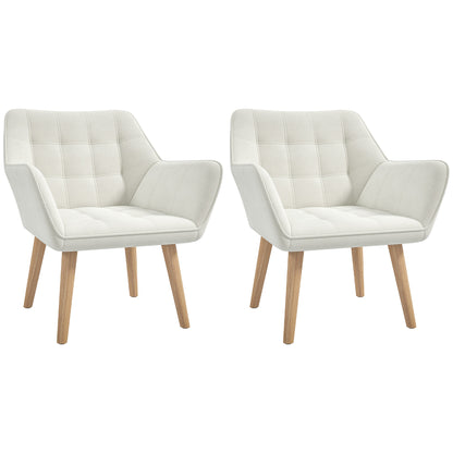Set of 2 Accent Chair, Arm Chair with Slanted Back, Thick Padding and Rubber Wooden Legs for Living Room, Cream White
