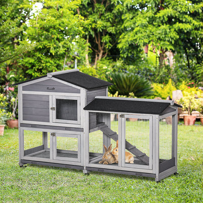 PawHut Wooden Rabbit Hutch, Guinea Pig Cage, with Wheels, Run, Slide-Out Tray, Ramp 