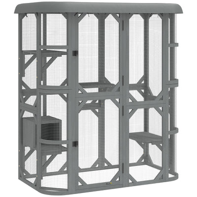 PawHut Catio Outdoor Cat Enclosure,  Wooden Cat House with Platforms, Condo and Waterproof Cover for 2–3 Kittens, Grey 