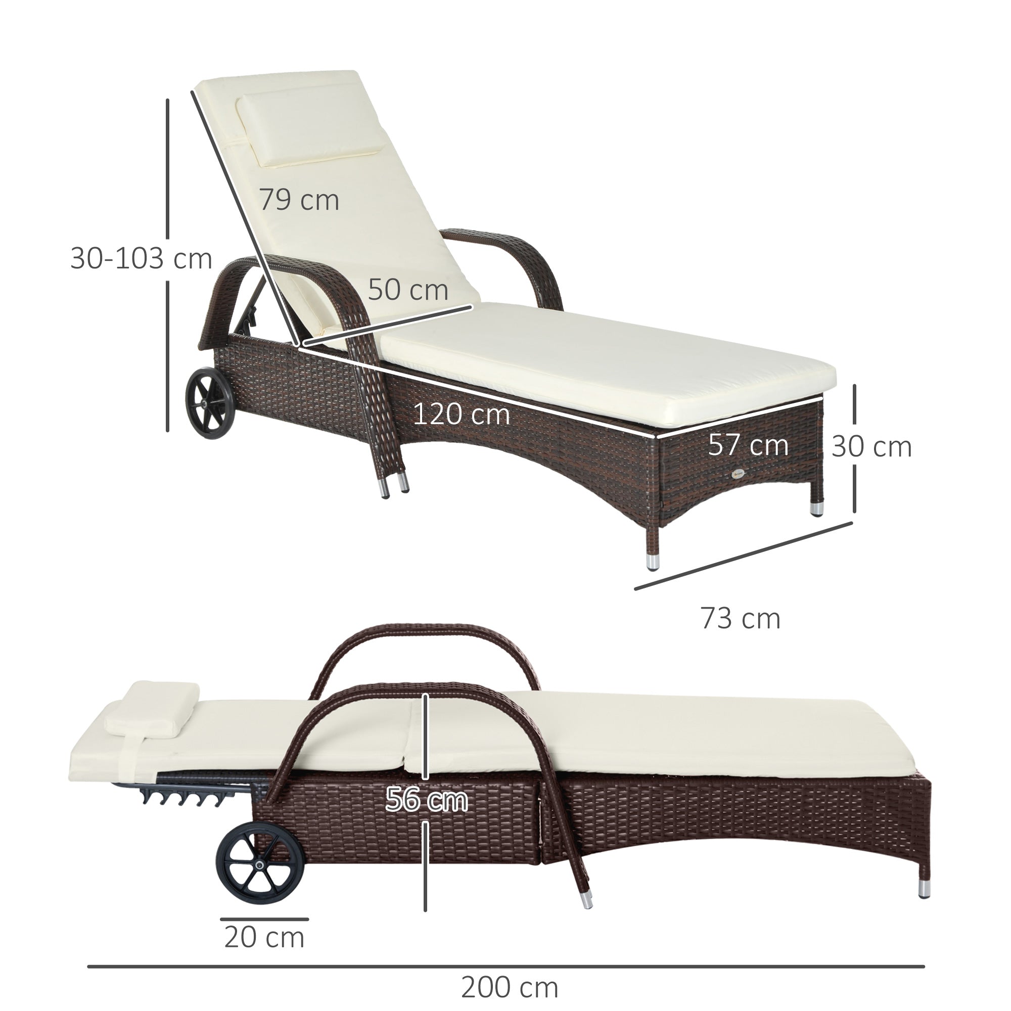 Outsunny Brown Rattan Sun Lounger w/ Adjustable Steel Frame,200Lx73Wx56-103H cm 