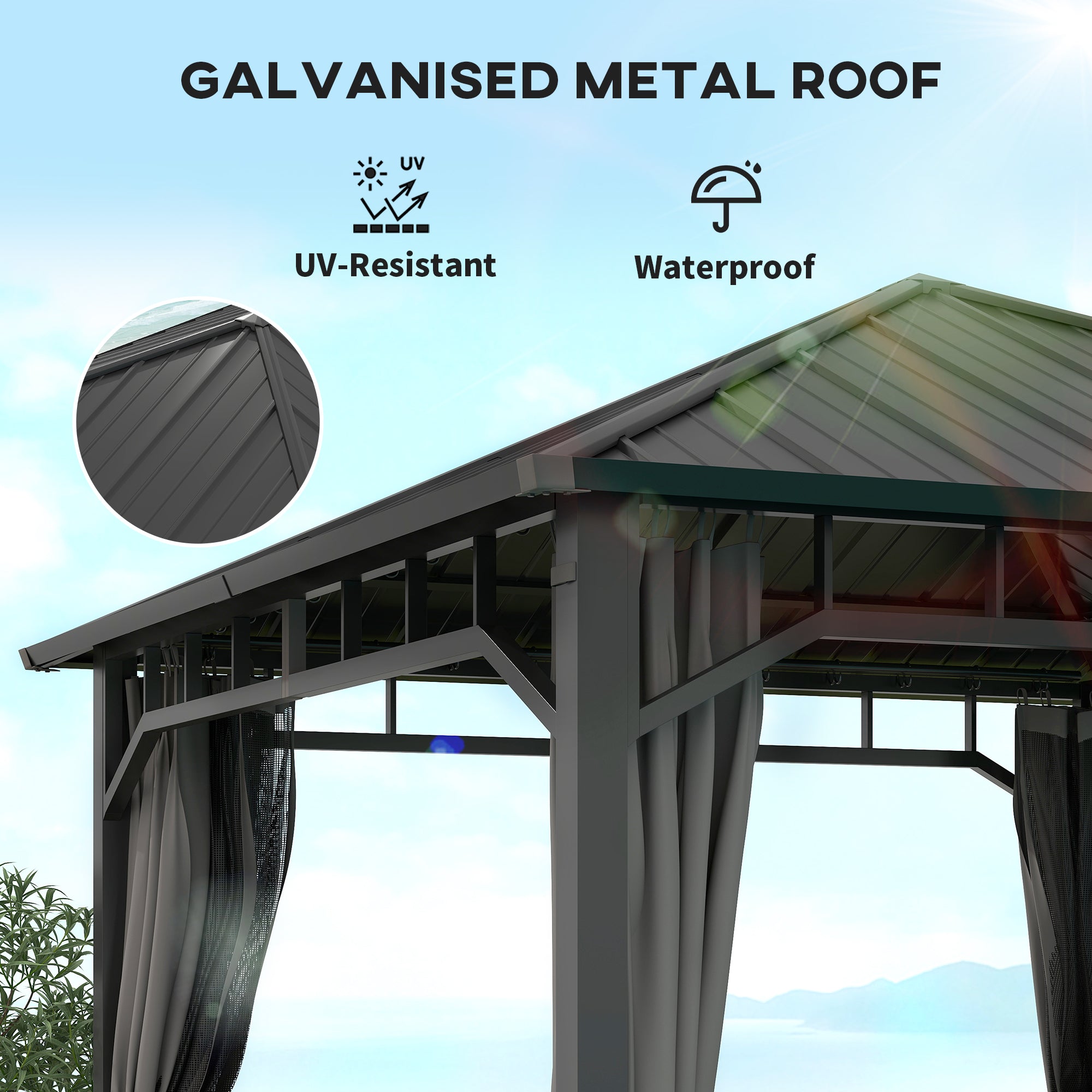 Outsunny 3 x 3(m) Hardtop Gazebo with Galvanised Steel Roof and Water Gutter, Waterproof Permanent Pavilion Garden Gazebo with Netting and Curtains for Patio, Deck 