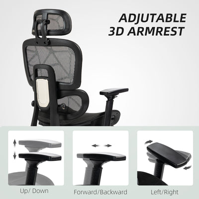 HOMCOM Executive Office Chair, Ergonomic Mesh High Back Desk Chair with Lumbar Support, Reclining Function, Swivel Computer Chair with 3D Armrest, Headrest, Footrest, Black 