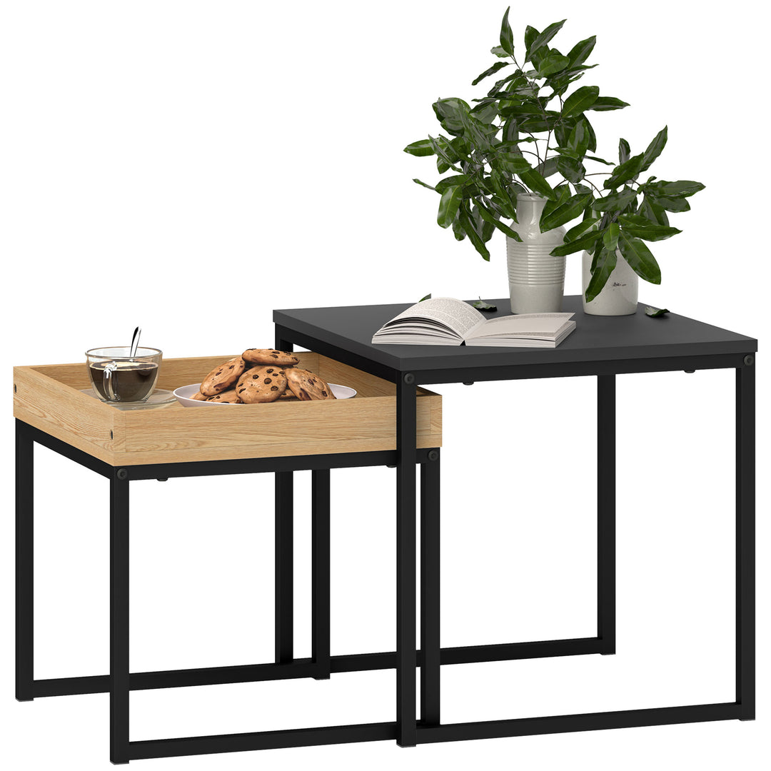HOMCOM Set of Two Boxy Nesting Tables - Black/Wood-Effect 