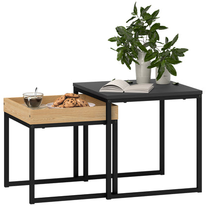 HOMCOM Set of Two Boxy Nesting Tables - Black/Wood-Effect 