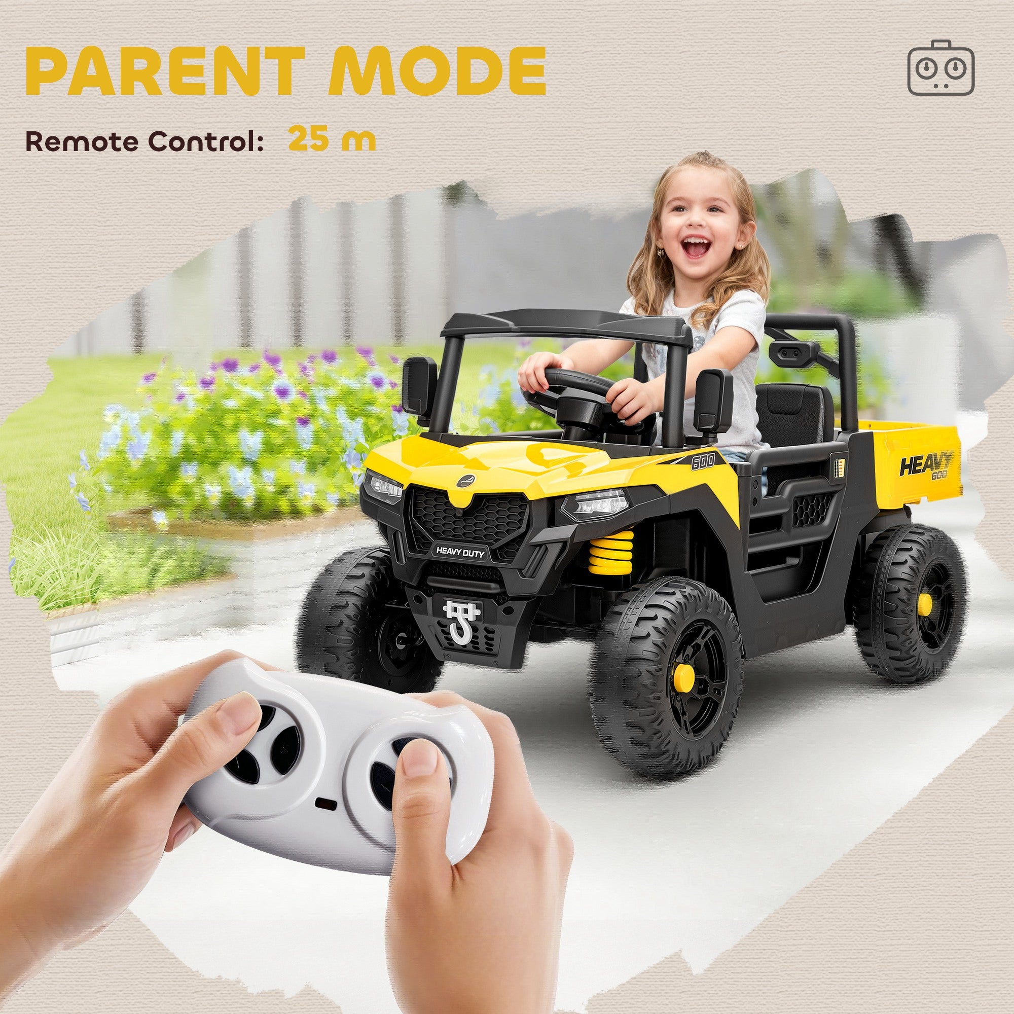 AIYAPLAY Kids Ride on Car, 12V Electric Kids UTV with Electric Dump Bed, 4-Wheel Suspension for 3-8 Years, Yellow 