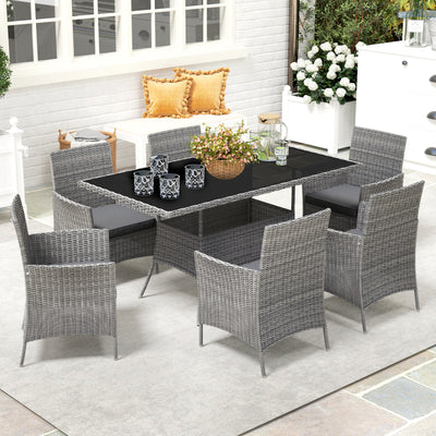 Outsunny 7-Piece Rattan Garden Furniture Set with Cushions, 6 Seater Garden Table and Chairs, Rattan Dining Set with 6 Armchairs, Rectangular Glass Top Table, Charcoal Grey 
