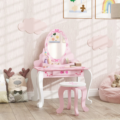 AIYAPLAY Kids Dressing Table Set, Vanity Table with Stool, Mirror, Drawer, Desktop Storage, Ballet Theme, Pink 