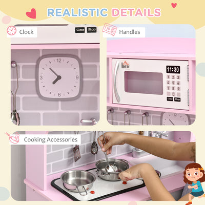 HOMCOM Kids Kitchen Playset, with Lights, Sounds, Microwave, Sink and Storage - Pink 