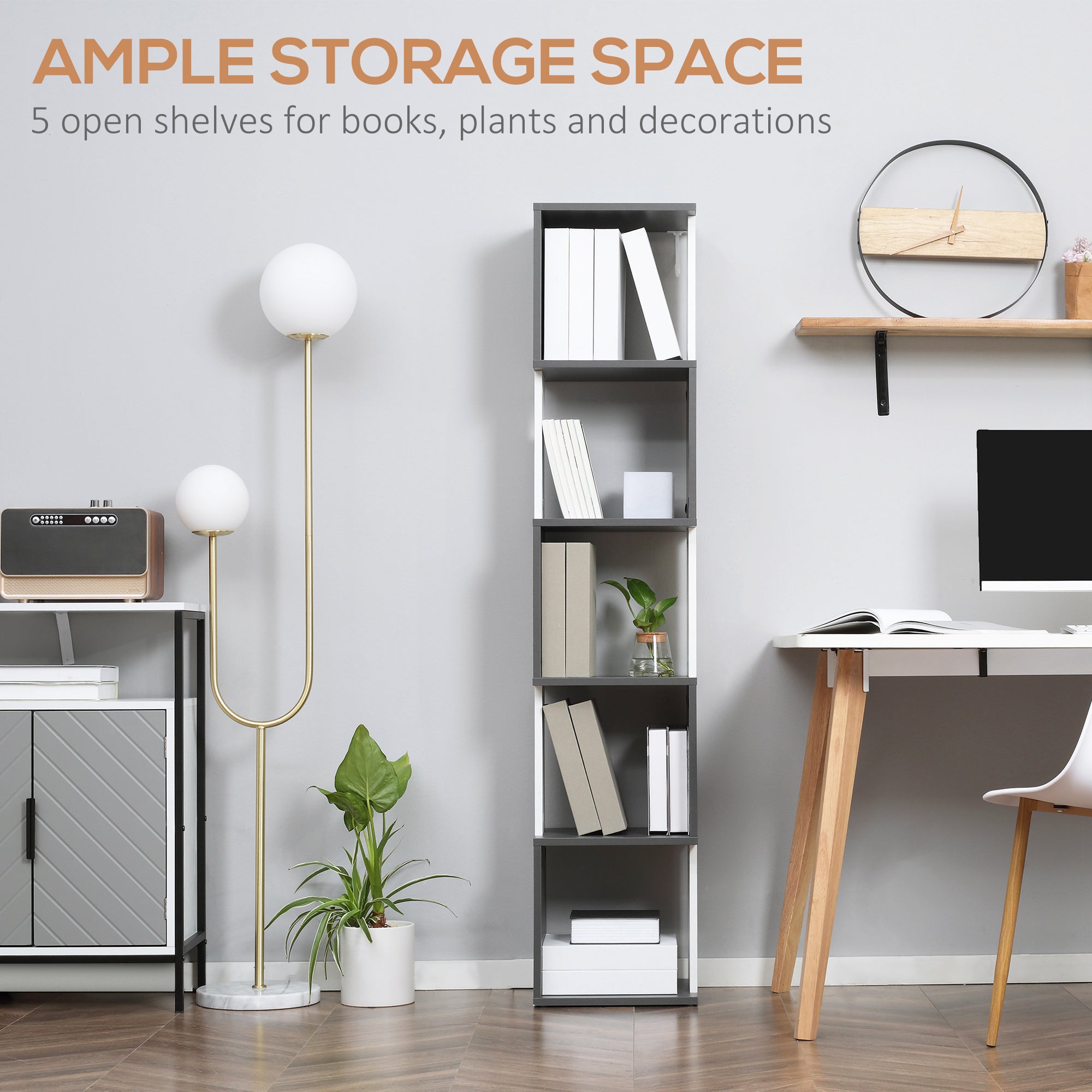 HOMCOM Modern 5-Tier Bookshelf, Freestanding Bookcase Storage Shelving for Living Room Home Office Study, White and Dark Grey 